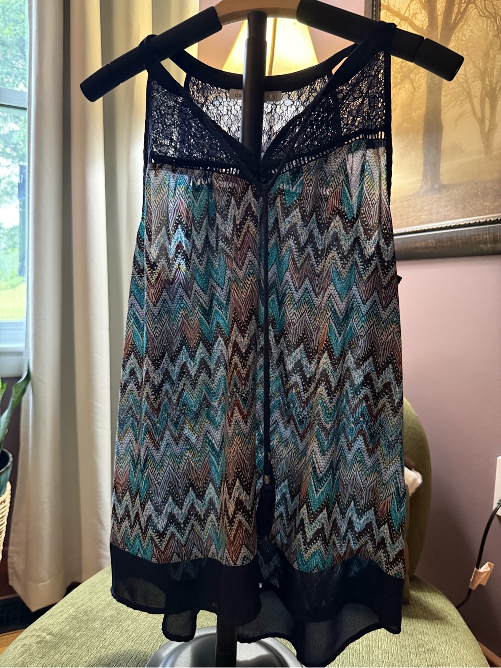 Daniel Rainn Blue Lace Chevron Print Sleeveless Blouse